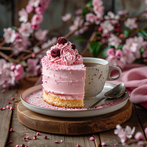 Ein weißer Teller mit einem rosa Kuchen und einer Kaffeetasse