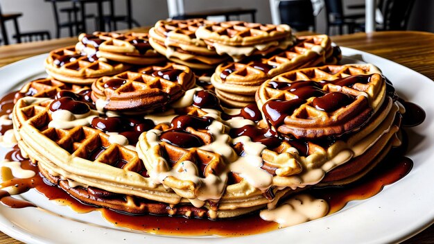 Ein weißer Teller mit Waffeln, die mit Sirup bedeckt sind