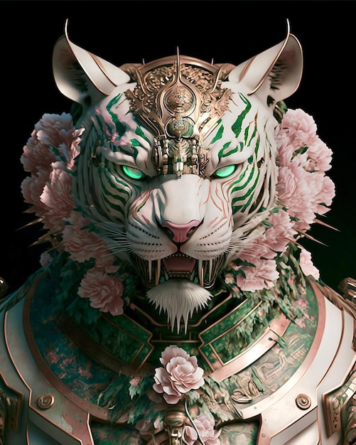 Ein weißer Tiger mit rosa Blüten auf dem Kopf