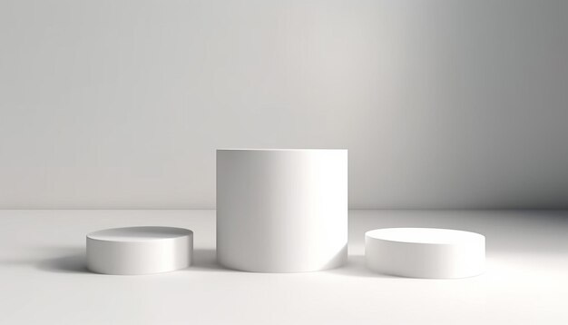Ein weißer Tisch mit drei runden weißen Gegenständen darauf und einer davon hat eine große weiße Basis.