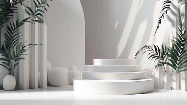 Ein weißer Tisch mit einem weißen Tisch, auf dem ein weißes Regal mit einer Pflanze steht.