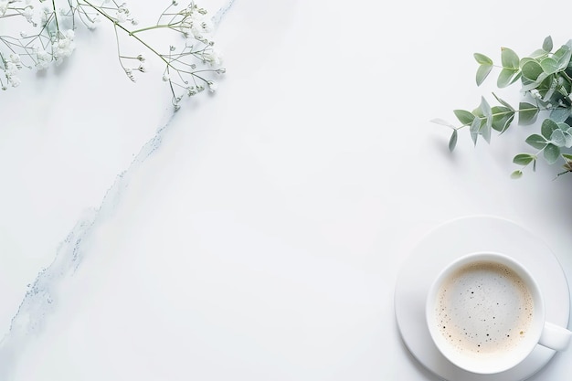 ein weißer Tisch mit einer Tasse Kaffee und einer Tasse