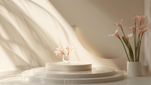 ein weißer Tisch mit einer Vase mit Blumen darauf3D-Rendering-Hintergrund einfache kreisförmige Raum-Ausstellung