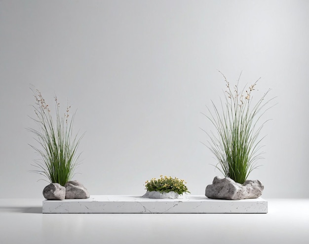 ein weißer Tisch mit zwei kleinen Pflanzen in der Mitte