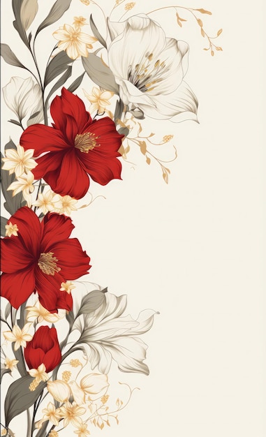 Ein weißer und roter Blumenrand mit weißem Hintergrund. Weiße und rote Blumenhintergründe kontrastieren mit Farbkombinationen. Florale Ränder. Visuelle Effekte. Gruß Sard
