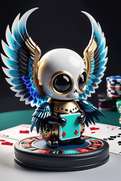 ein weißer und schwarzer Vogel mit roten Augen sitzt auf einem Poker-Chip