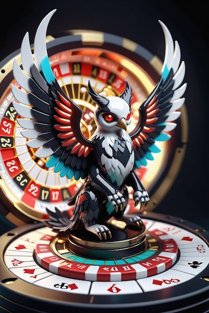 ein weißer und schwarzer Vogel mit roten Augen sitzt auf einem Poker-Chip