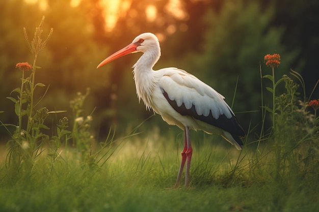 ein weißer Vogel mit einem langen Schnabel steht in einem Feld