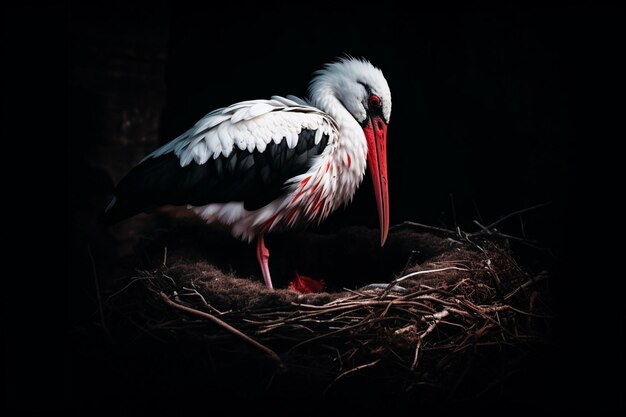 Ein weißer Vogel mit rotem Schnabel sitzt auf einem Nest.