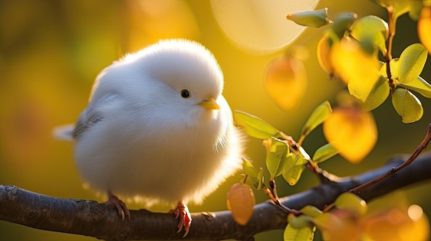 Ein weißer Vogel sitzt auf einem Ast mit gelben Blättern im Hintergrund