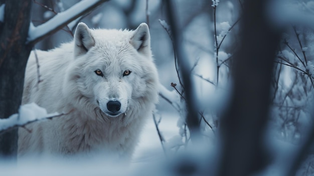 Ein weißer Wolf im Wald im Winter