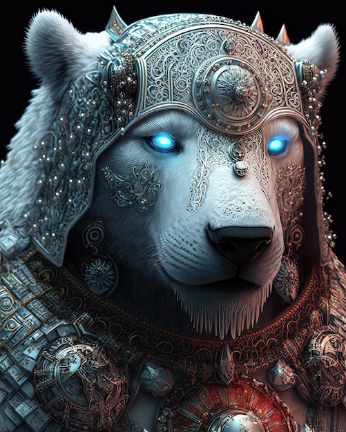 Ein weißer Wolf mit blauen Augen und einem silbernen Helm mit einer silbernen Kette darum.