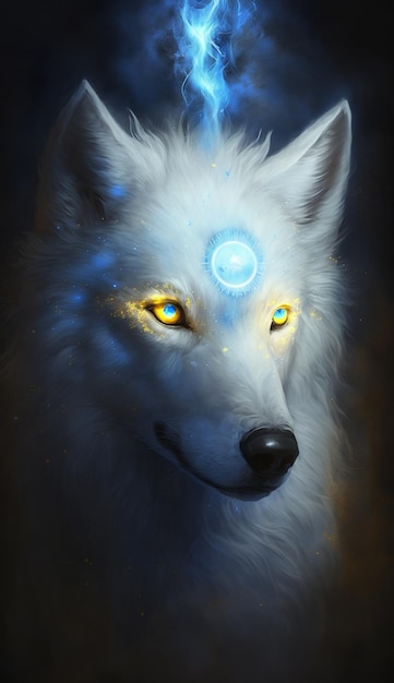 Ein weißer Wolf mit einem blau leuchtenden Auge und einem blau leuchtenden Auge.