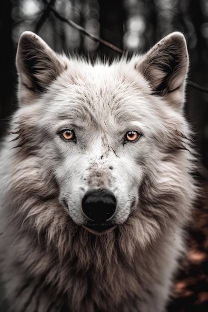 Ein weißer Wolf mit schwarzem Hintergrund und gelbem Auge.