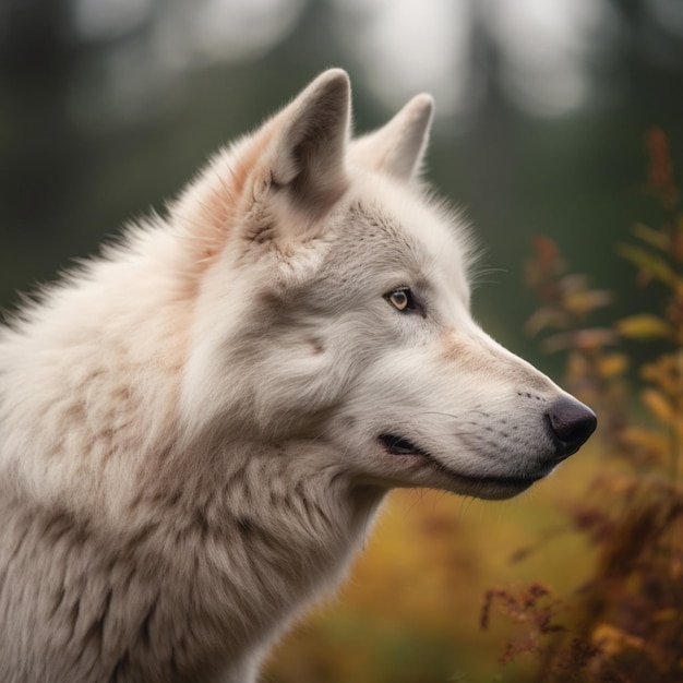 Ein weißer Wolf mit schwarzer Nase und gelbem Hintergrund.