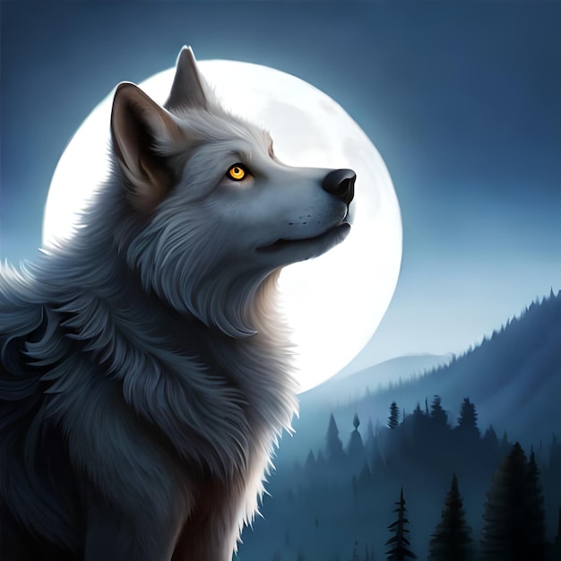 Ein weißer Wolf mit Vollmond im Hintergrund