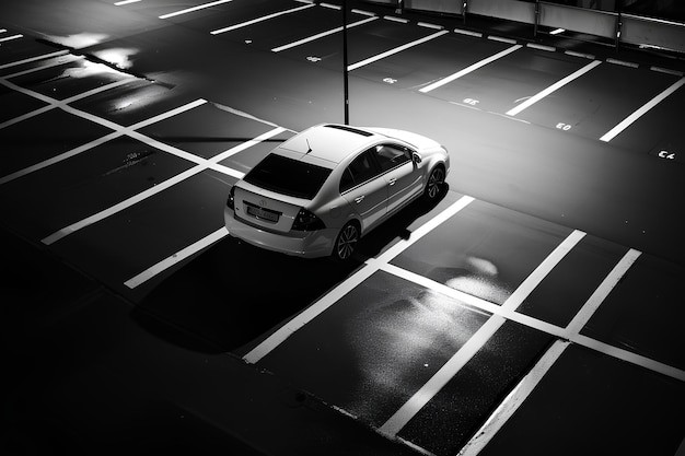 Ein weißes Auto ist nachts auf einem Parkplatz mit Lichtern an der Seite der Straße geparkt