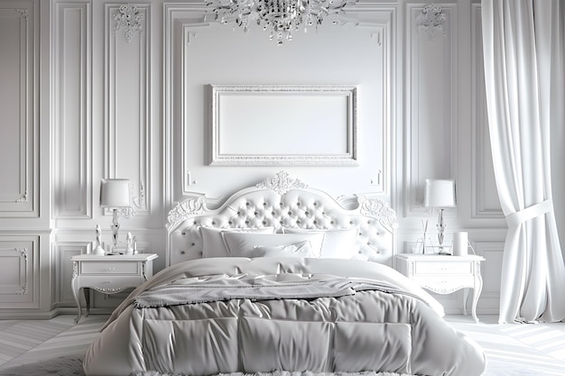 ein weißes Bett mit einem weißen Kopfboden und ein Bild eines Bettes mit einem Bild eines Rahmenes, der darüber hängt