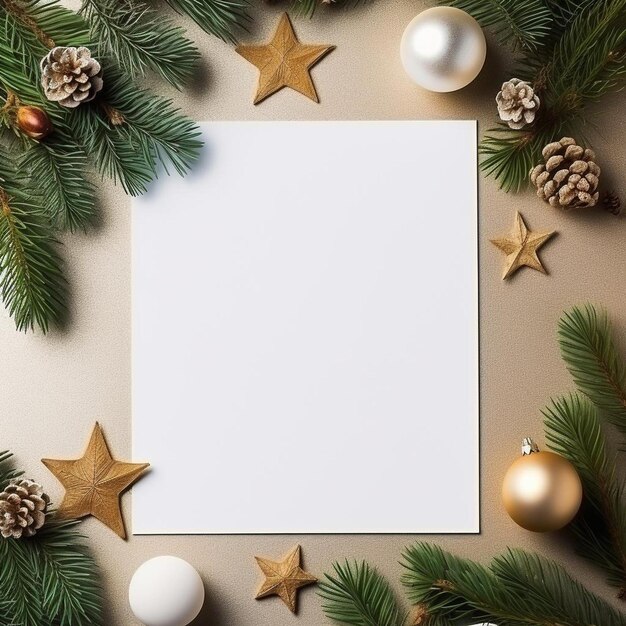 ein weißes Blatt Papier, das von Weihnachtsdekorationen umgeben ist