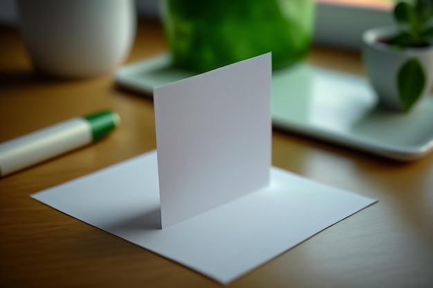 Ein weißes Blatt Papier steht auf einem weißen Blatt, das auf einem Tisch neben einem grünen Stift und Blumentöpfen liegt