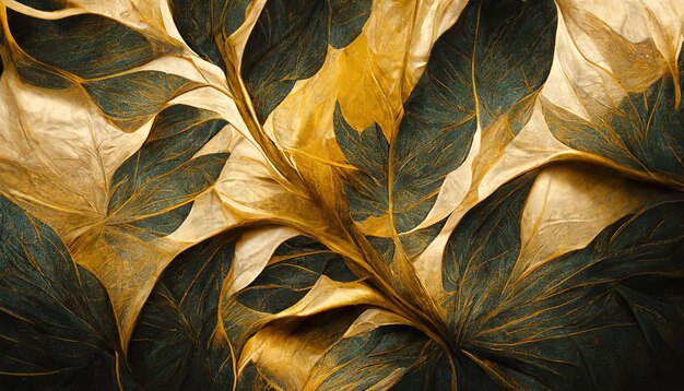 Ein weißes Blatt Papier zeigt Blumen mit rosafarbenen Blütenblättern, goldenen Knospen und grünen Blättern. Die Stämme der Pflanzen und die Adern der Blätter sind golden. Die Blätter sind länglich