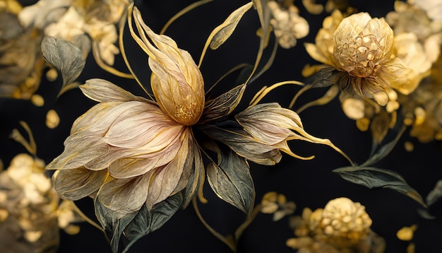 Ein weißes Blatt Papier zeigt Blumen mit rosafarbenen Blütenblättern, goldenen Knospen und grünen Blättern. Die Stämme der Pflanzen und die Adern der Blätter sind goldfarben. Die Blätter sind länglich in Form, 3D-Darstellung