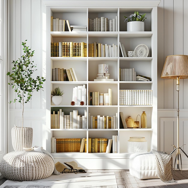 ein weißes Bücherregal mit einem Stuhl und einem Stuhl in der Mitte