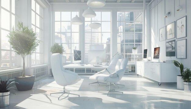 Ein weißes Büro mit einem großen Fenster und einer Topfpflanze von ai generiert Bild