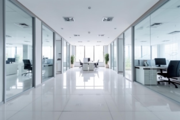 Ein weißes Büro mit einer Glaswand und einem weißen Boden.