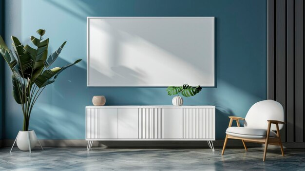 Foto ein weißes canvas-mockup in einem raum mit blauen wänden mit weißem sessel und schrank