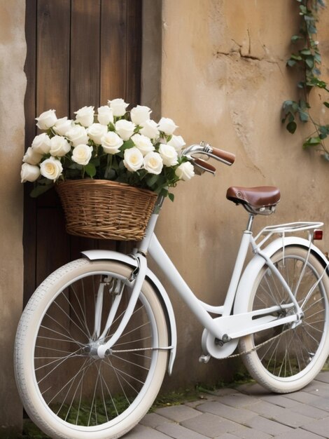 Ein weißes Fahrrad, geschmückt mit Körben voller weißer Rosen