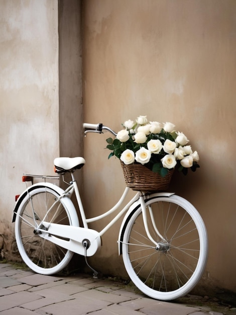 Ein weißes Fahrrad, geschmückt mit Körben voller weißer Rosen