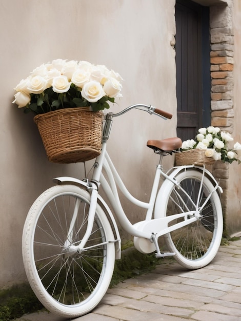 Ein weißes Fahrrad, geschmückt mit Körben voller weißer Rosen