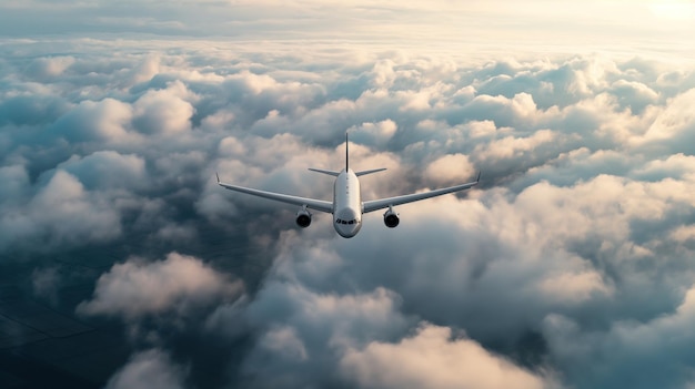 Ein weißes Flugzeug fliegt durch einen bewölkten Himmel