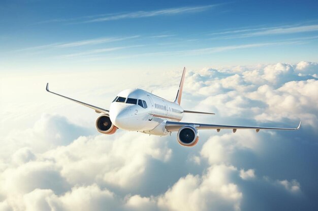 ein weißes Flugzeug mit dem Schwanz nach unten, das im Himmel fliegt