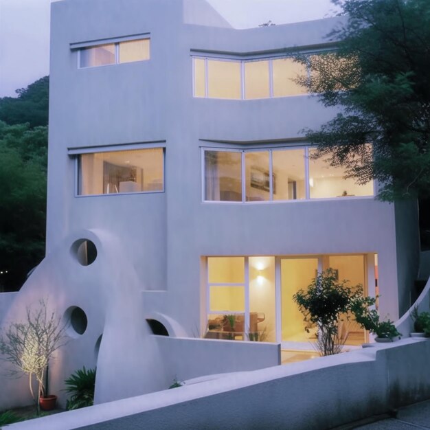 Ein weißes Haus mit einem großen Fenster, auf dessen Dach „Rock House“ steht.