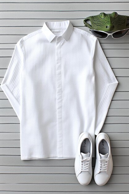Ein weißes Hemd, Schuhe und Sonnenbrillen liegen auf einem Tisch
