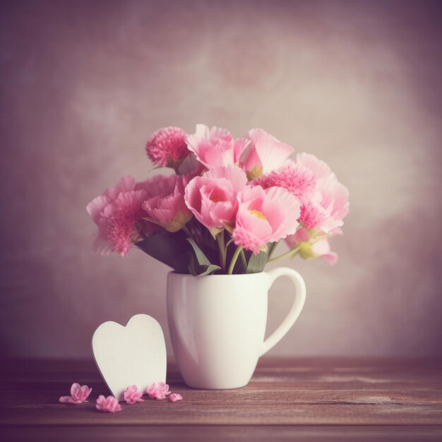 Ein weißes Herz steht neben einer Blumenvase.