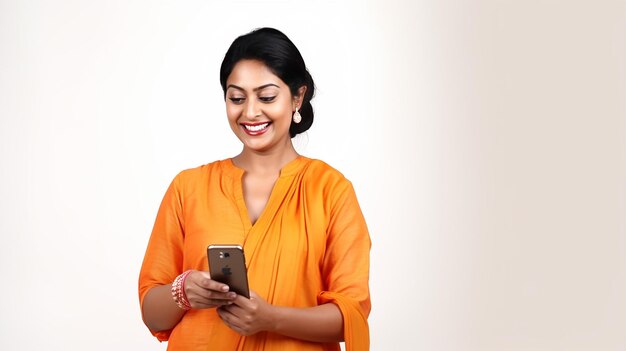 Ein weißes indisches Model mit einem Handy in einem leuchtend orangefarbenen Kleid schaut auf den Handybildschirm