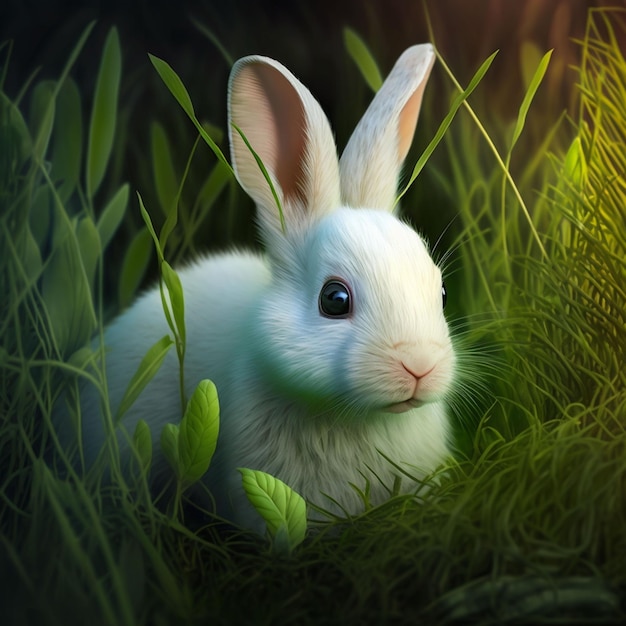Ein weißes Kaninchen im Gras mit dem Wortkaninchen auf der Front.