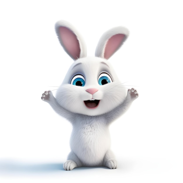 Ein weißes Kaninchen mit blauen Augen sitzt auf weißem Hintergrund.
