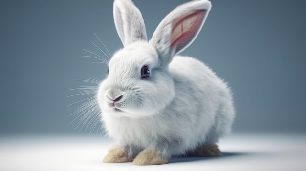 Ein weißes Kaninchen mit einem großen weißen Gesicht sitzt vor einem grauen Hintergrund.