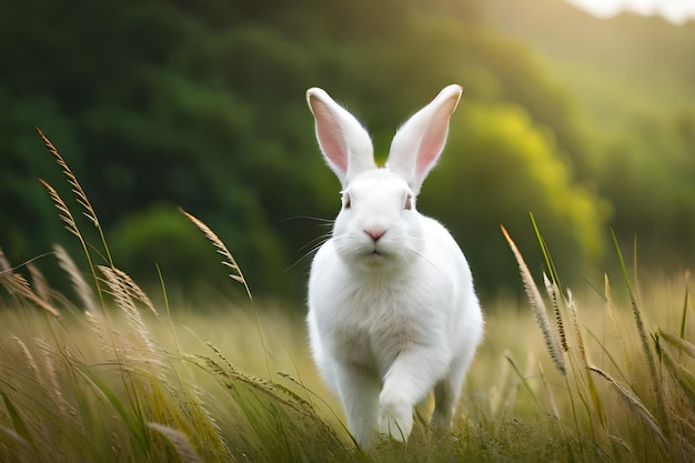 Ein weißes Kaninchen rennt durch ein Feld