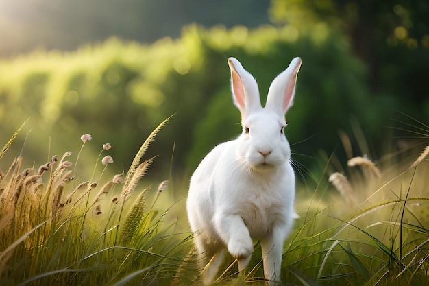 Ein weißes Kaninchen rennt durch ein Grasfeld.