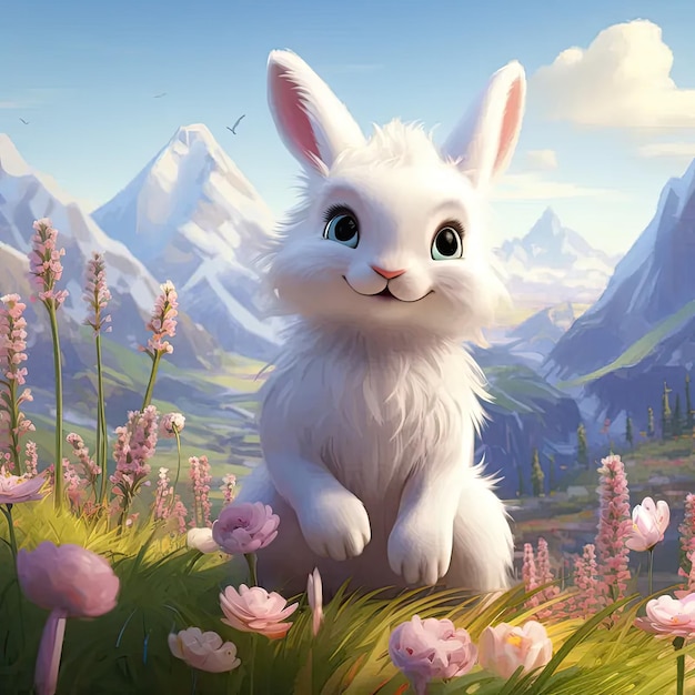 Ein weißes Kaninchen sitzt auf einem Blumenfeld