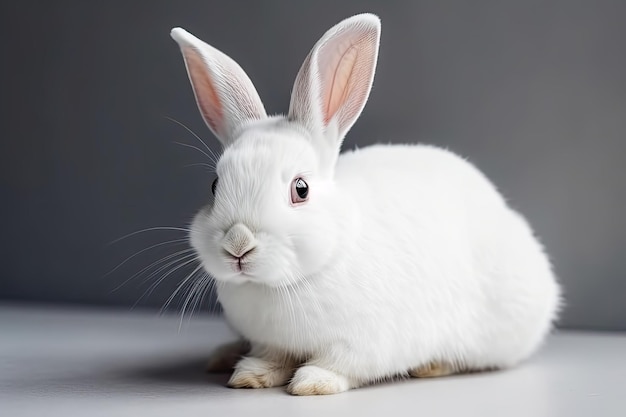 Ein weißes Kaninchen sitzt auf einem grauen Hintergrund.