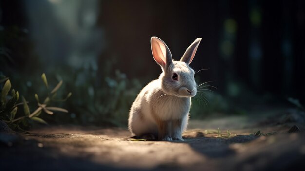 Ein weißes Kaninchen sitzt im Dunkeln mit dunklem Hintergrund.