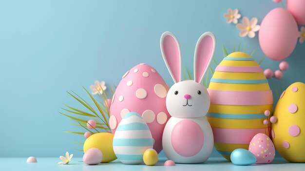 Foto ein weißes kaninchen sitzt ruhig umgeben von einer minimalistischen easter-komposition. die szene strahlt ein gefühl von ruhe und unschuld aus.