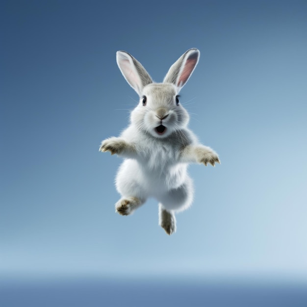 Ein weißes Kaninchen springt in die Luft