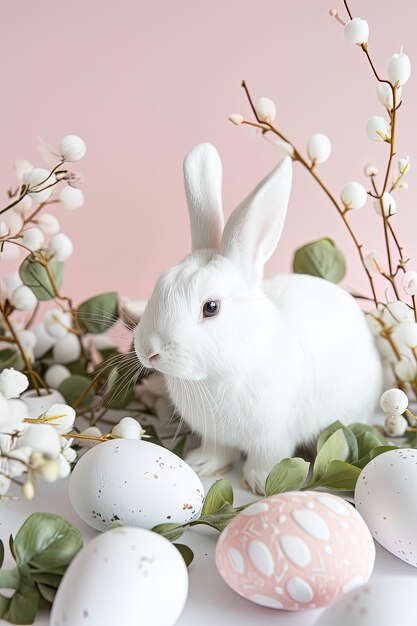 Ein weißes Kaninchen zwischen Ostereiern und Frühlingsblumen geeignet für saisonale Werbung KI generiert